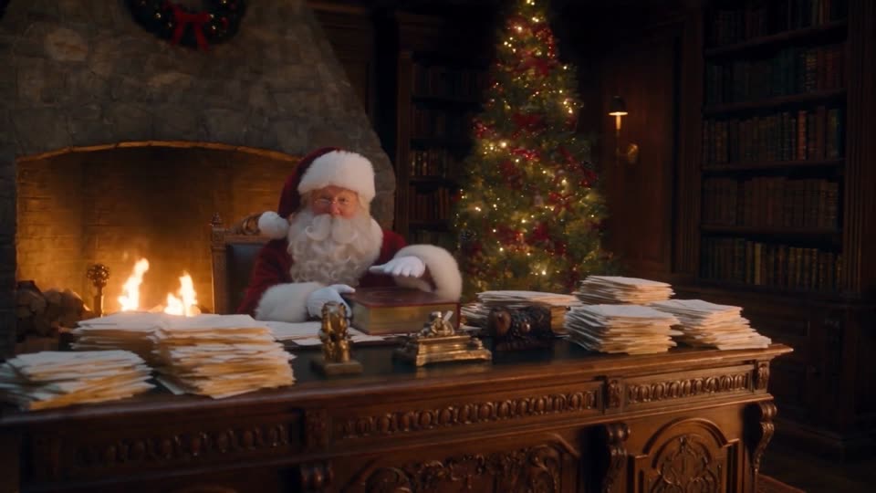 Santa at his desk in front of the fireplace
